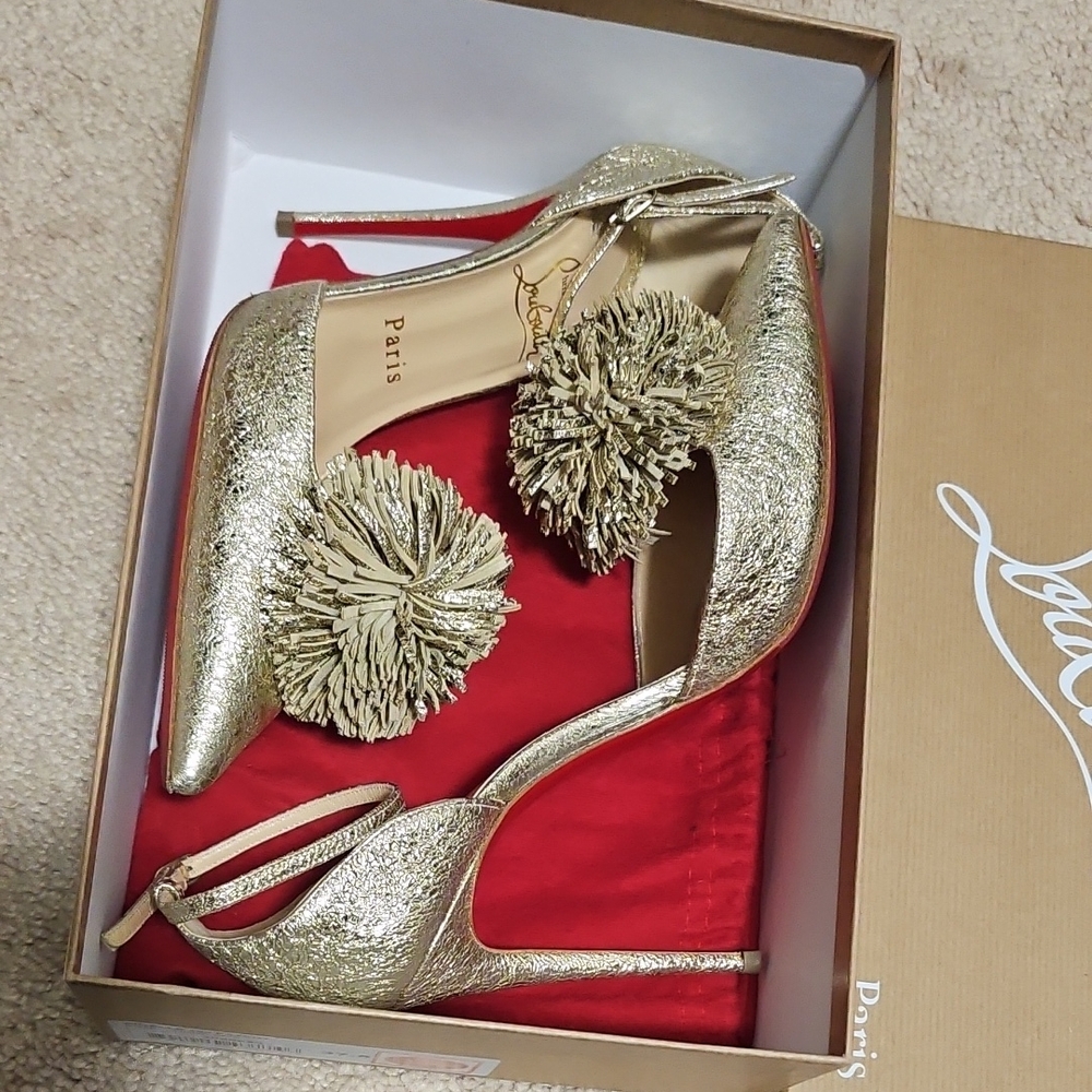 Christian Louboutin TSAROU Pompom Gold Heels - Picture 3 of 7